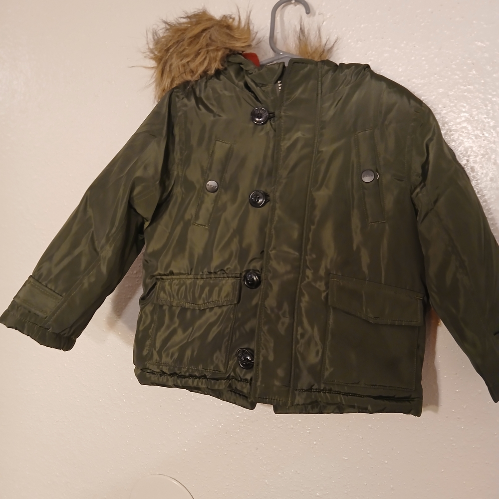 DKNY Dark Green Puffer Jacket with Faux Fur Hood